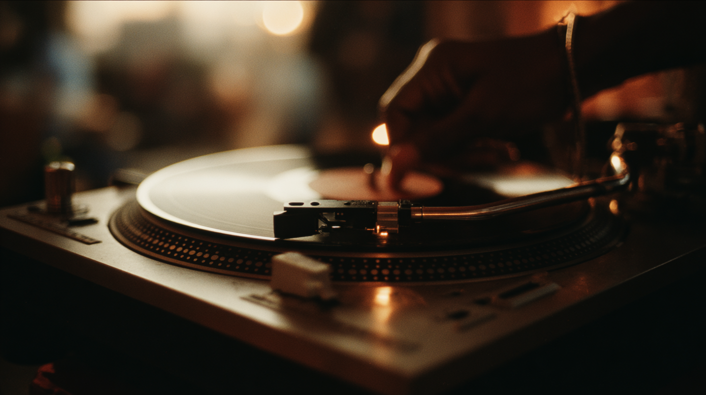 Vintage turntable with hands adjusting needle